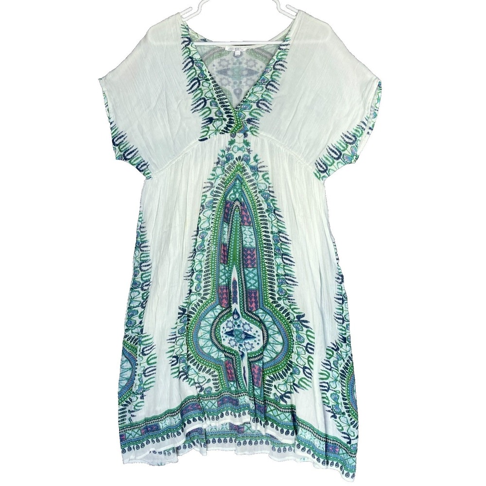 Lapogee Gauzy Ethnic Babydoll Kaftan Festival Boho Teal Cream Dress Womens M